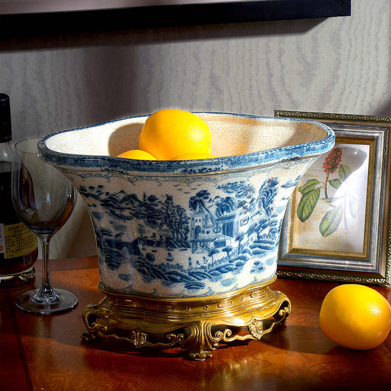 Blue and White Porcelain Fruit Bowl with Brass Stand – Decorative Centerpiece Basin for Living Room, Entryway, Mantel, and Dining Table