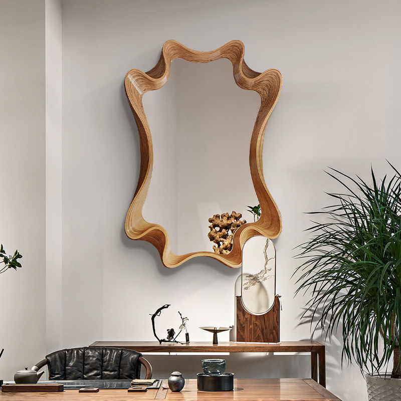 Luxury Irregular Solid Wood Carved Wall Mirror, Artistic Modern Vanity & Bathroom Decorative Hanging Mirror, Designer Statement Panel
