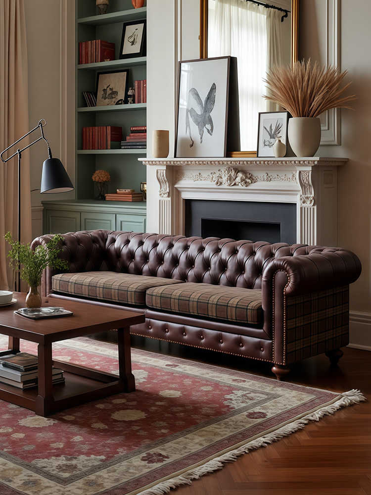 Vintage Chesterfield Leather Sofa – Retro Luxury 3-Seater Couch for Living Room, Club, or Villa, Plaid Cushion