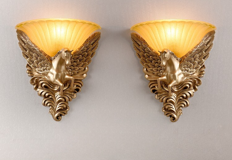 Gold Pegasus Wall Lamp Pair, Winged Horse Resin & Glass Sconce for Living Room, Bedroom, Hallway Décor, (Left/Right Pair)