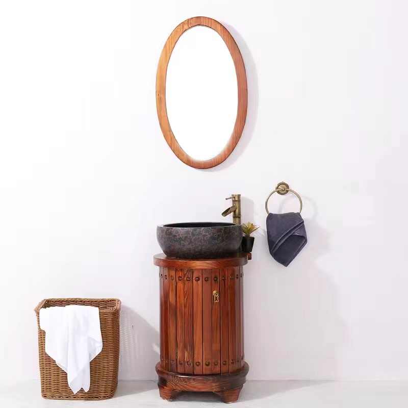 Luxury Solid Wood Bathroom Vanity Cabinet – Modern Song Dynasty-Style Round Basin Sink Storage, Small Space Washstand for Bathroom, Balcony, or Tea Room, Deep Walnut Finish