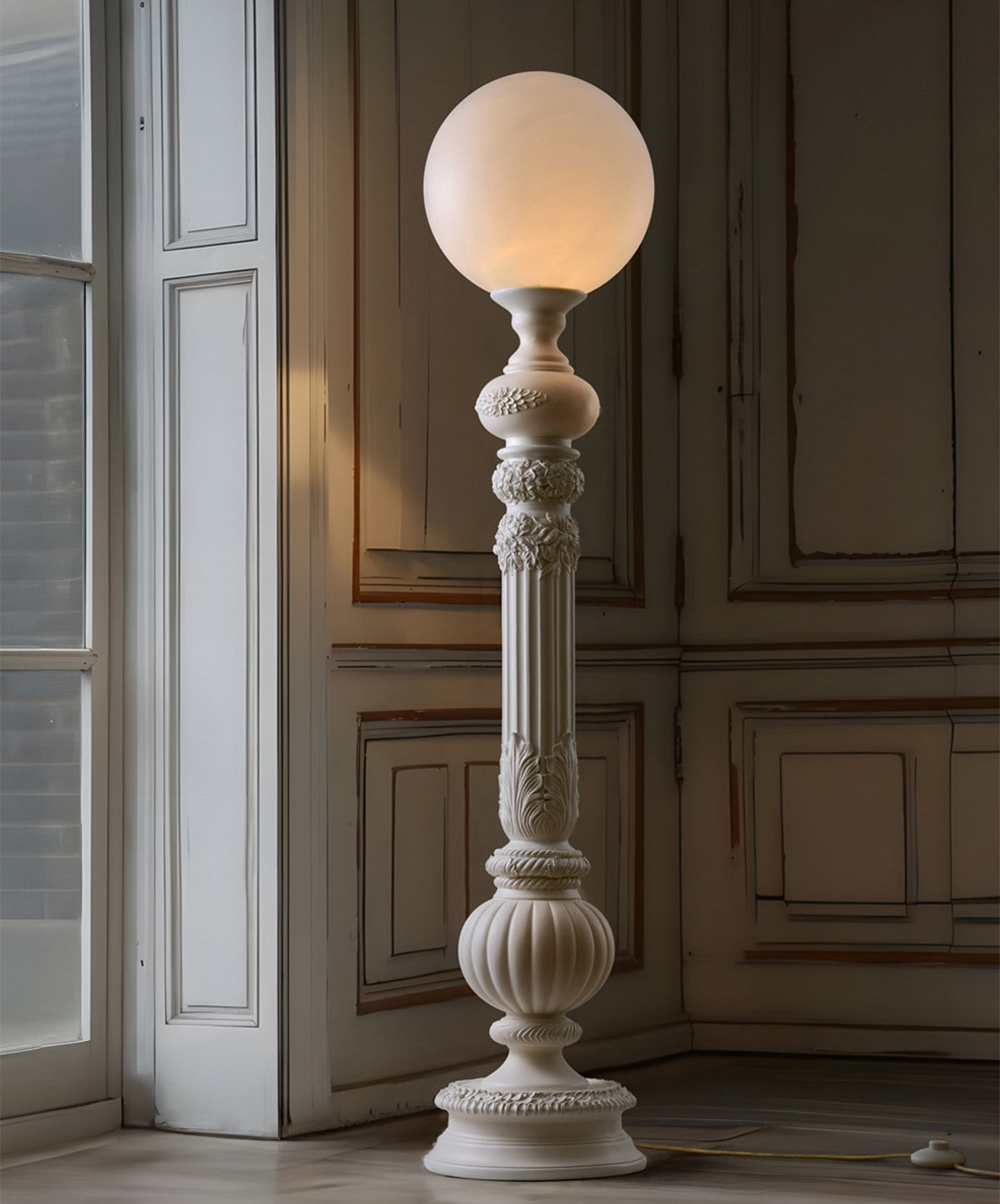 French Baroque Floor Lamp with Hand-Carved Column Base, Luxury Villa Living Room Statement Lighting with Globe Shade, Vintage Ornate Fireplace Accent Lamp