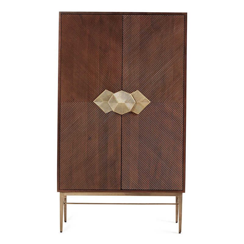Neo-Classical Carved Wood Bar Cabinet, Luxury Brown Double-Door Storage Wardrobe
