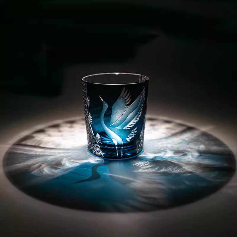 Edo Cut "Crane" Crystal Whiskey Glass 260ml – Handcrafted Old Fashioned Tumbler, High-End Blue Cut Glass