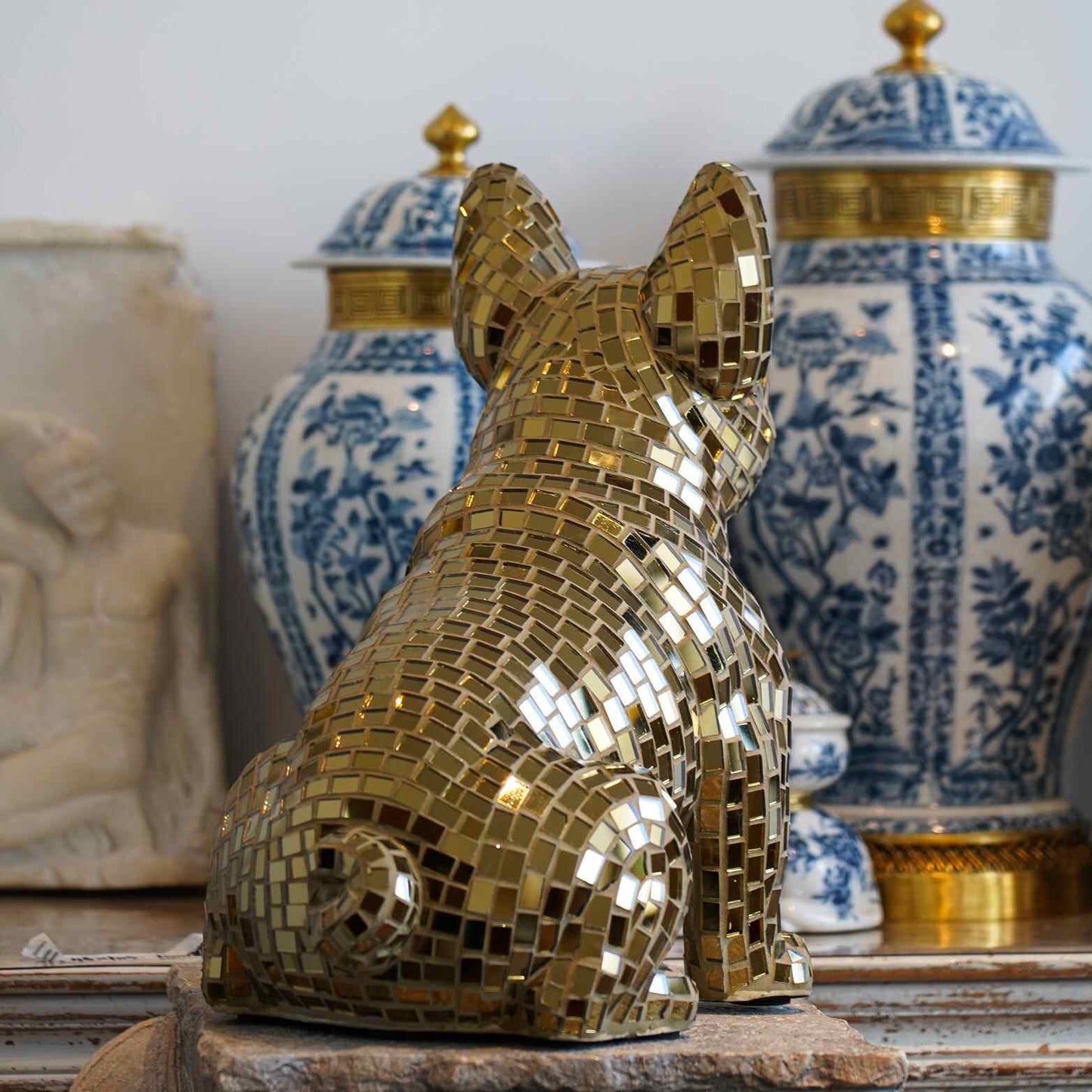 Premium Champagne Gold Mirrored French Bulldog Sculpture – Handcrafted Mosaic Art with Reflective Tile Finish, Designer Home Statement Piece