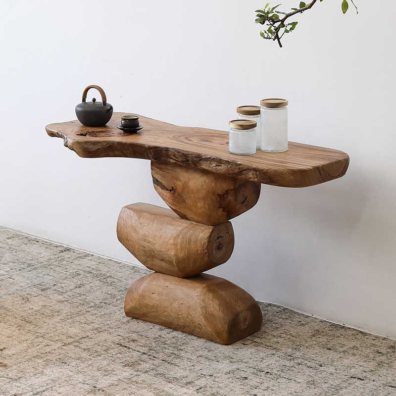 Wabi-Sabi Japanese Natural Wood Console Table, Designer Irregular Edge Stone-Stacked Entry Table for Hotel & Home