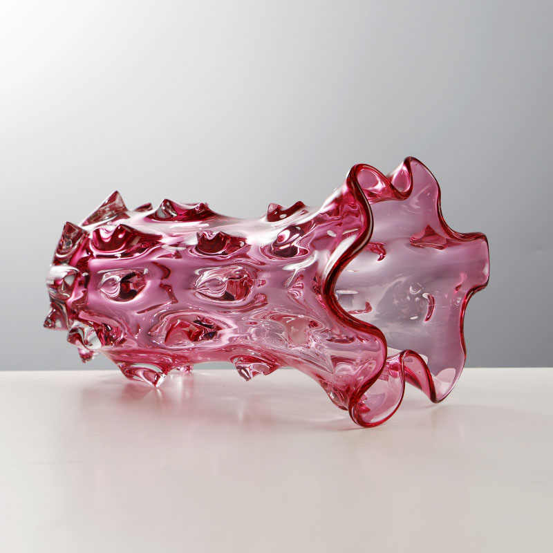 Dreamy Rose Pink Art Glass Vase, Creative Sculptural Flower Vessel for Weddings & Living Room, Decorative Art Piece & Gift