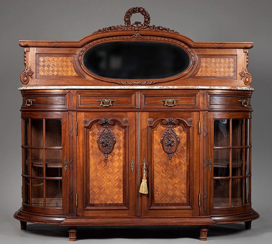 Classical Floral Antique Sideboard Cabinet, Marble Top Console with Oval Mirror & Custom Carved Details
