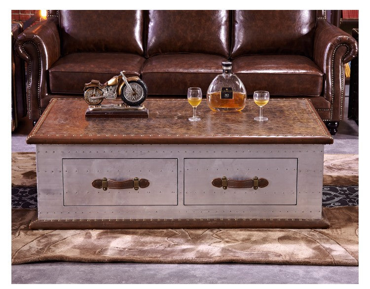 Vintage Industrial Aviation Coffee Table – Metal & Leather Trunk-Style Storage Coffee Table with Rivet Details, Designer Furniture for Modern Living Spaces