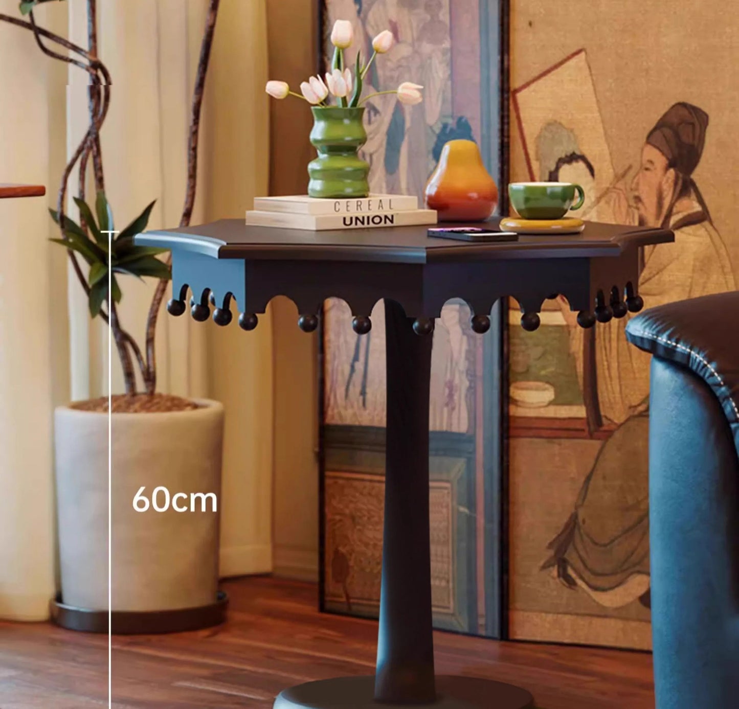 French Vintage Round Side Table, Ornate Scalloped Edge Pedestal Table with Dark Wood Top, Mobile Coffee Table for Living Room, Bedroom, Balcony