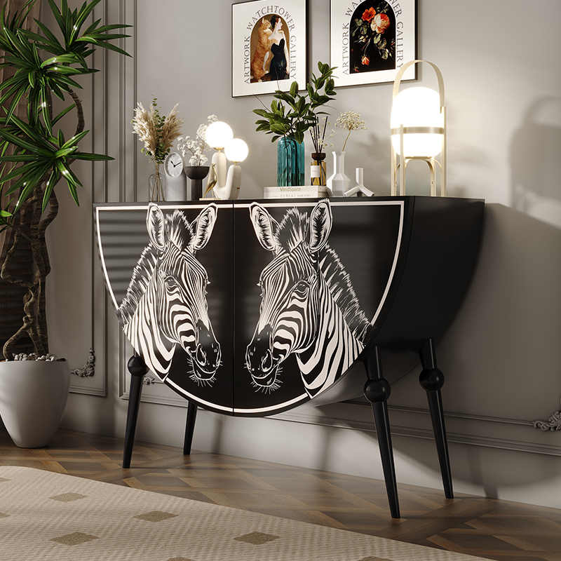 Luxury Hand-Painted Zebra Entryway Cabinet, Artistic Solid Wood Sideboard for Living Room & Hallway