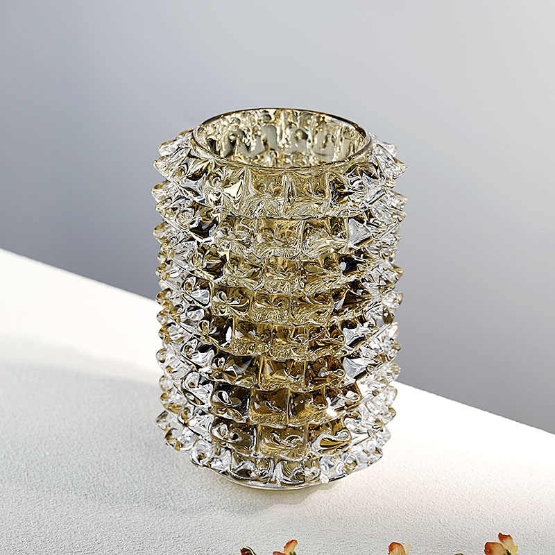 Luxury Stacked Crystal Glass Vase, Artistic Amber Textured Flower Vessel with Geometric Layers, Modern Living Room Entryway Decor