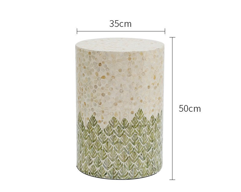 Modern Feather Leaf Stool, Designer Cylinder Side Table for Living Room, Balcony & Entryway – Green Mosaic Stool