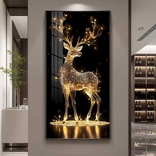 Luxury Golden Deer LED Wall Art for Entryway or Corridor, Modern Black and Gold Classic Painting with Remote and Power Bank, Large Mirror Finish