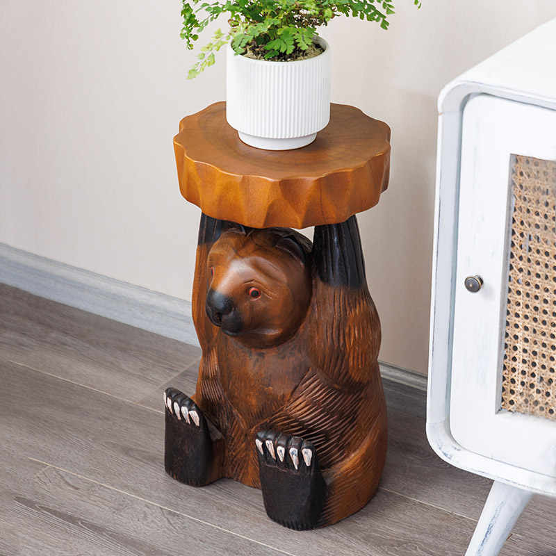 Hand-Carved Wooden Bear Stool with Tree Stump Base, Rustic Animal Accent Table for Entryway Shoe Change & Plant Stand,