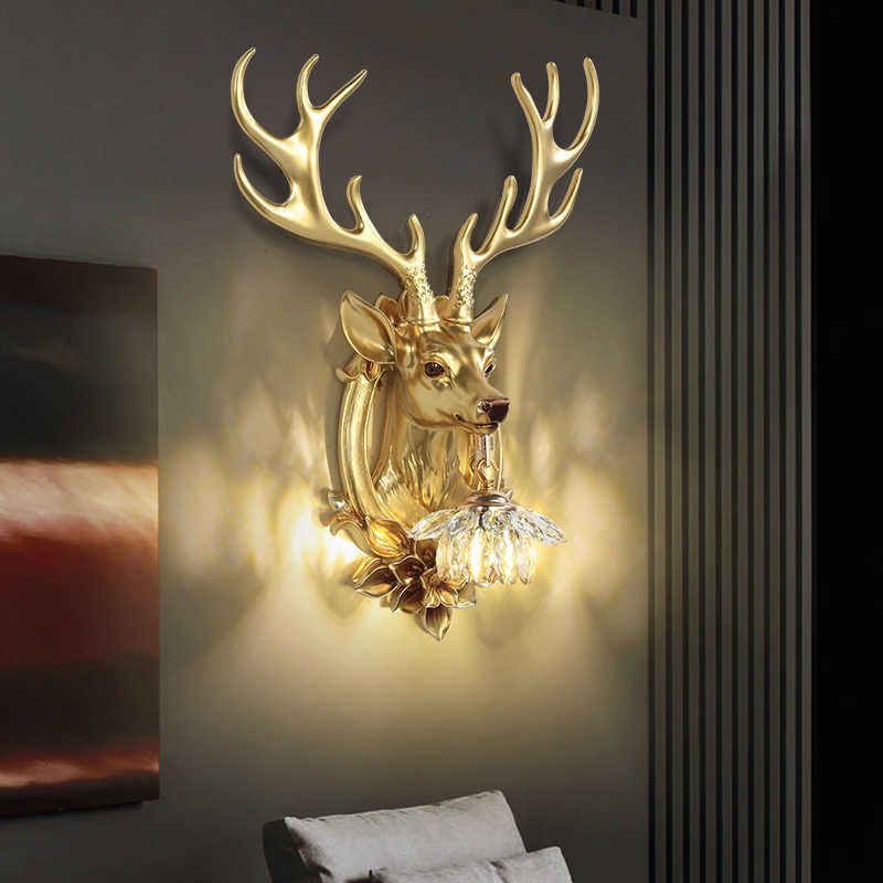 Gold Deer Head Wall Sconce Set – Luxury Resin Antler Crystal Wired Wall Lamps for Living Room, Bedroom, Hallway, and Feature Walls
