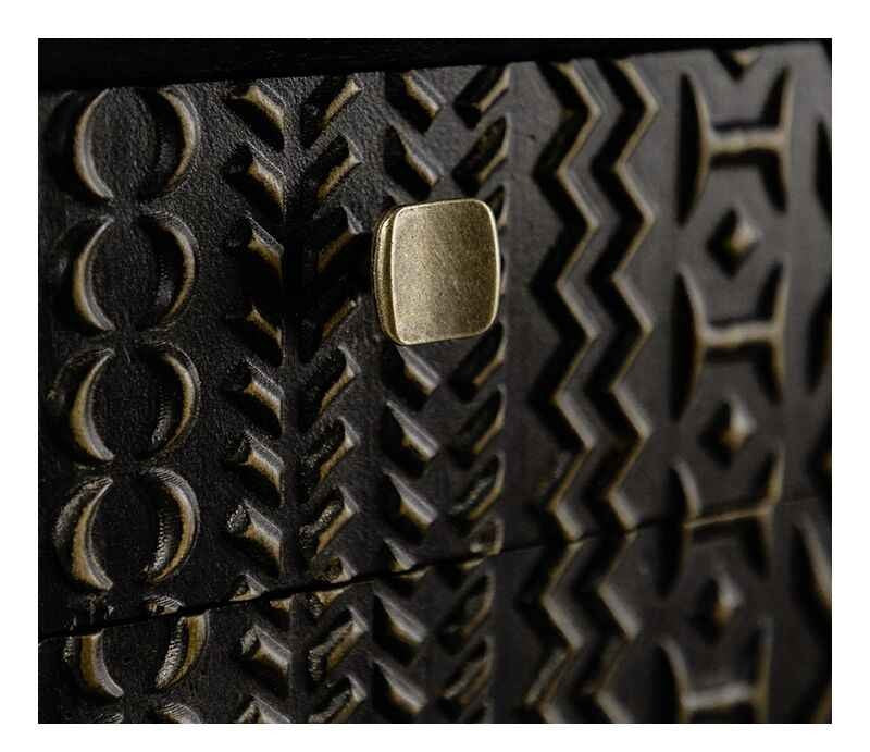 Vintage Black Carved Tribal Pattern Nightstand, Wabi-Sabi Style Storage Cabinet with Turned Legs, Small Space Bedside Table for Bedroom, Living Room