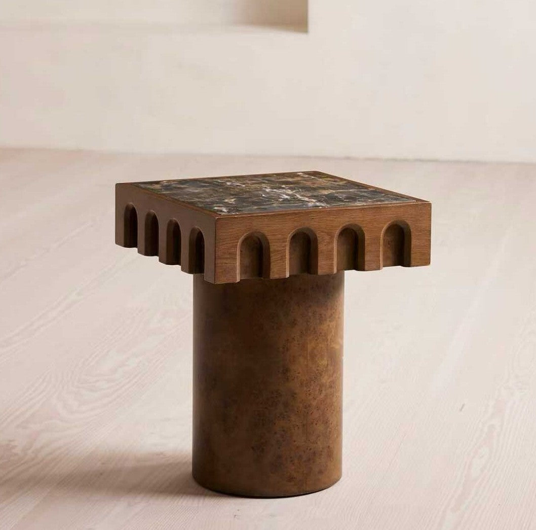 Vintage Solid Wood Burl Marble Side Table, Retro Accent End Table, Designer Small Coffee Table for Hotel, B&B, Living Room