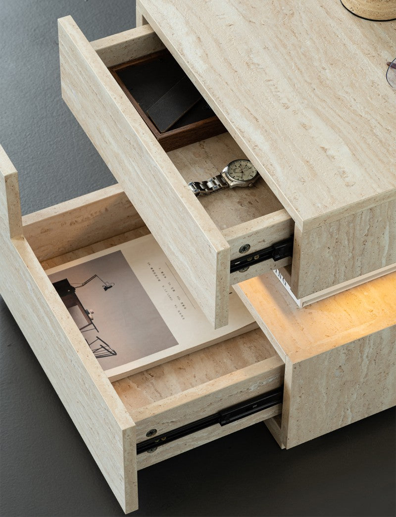 Contemporary Travertine Stone Wabi-Sabi Floating Nightstand – Intelligent LED Lighting Solid Wood Bedside Cabinet with Drawer Storage