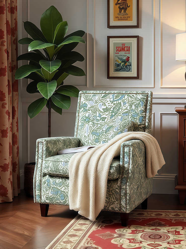 Vintage Tiger Armchair – Retro Lounge Single Sofa for Living Room, Balcony, Study, & Bedroom, Blue Floral Upholstery