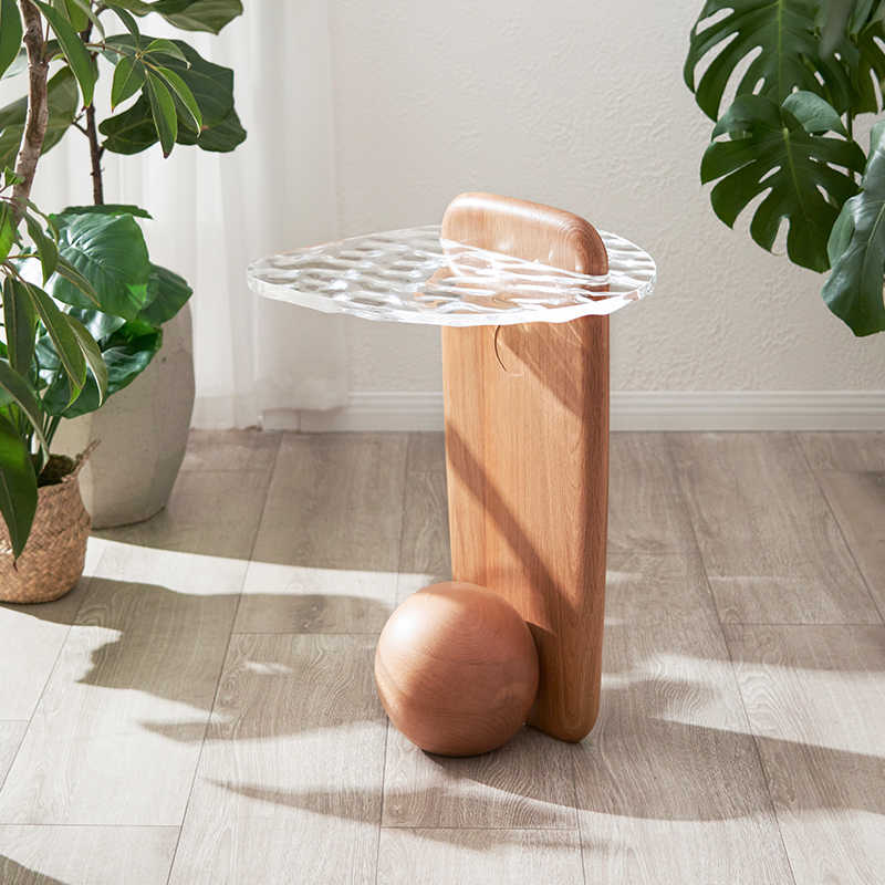 Designer Solid Wood & Wave Glass Side Table, Modern Minimalist End Table for Living Room & Sofa
