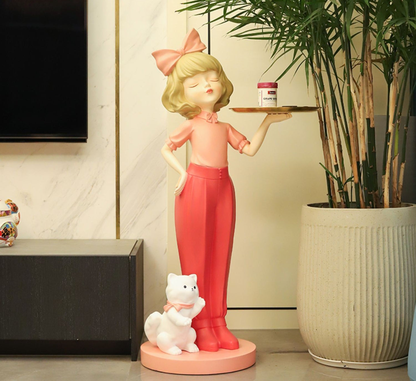 Modern Cute Girl Sculpture with Cat for Living Room, Entryway, Sofa Side, TV Cabinet