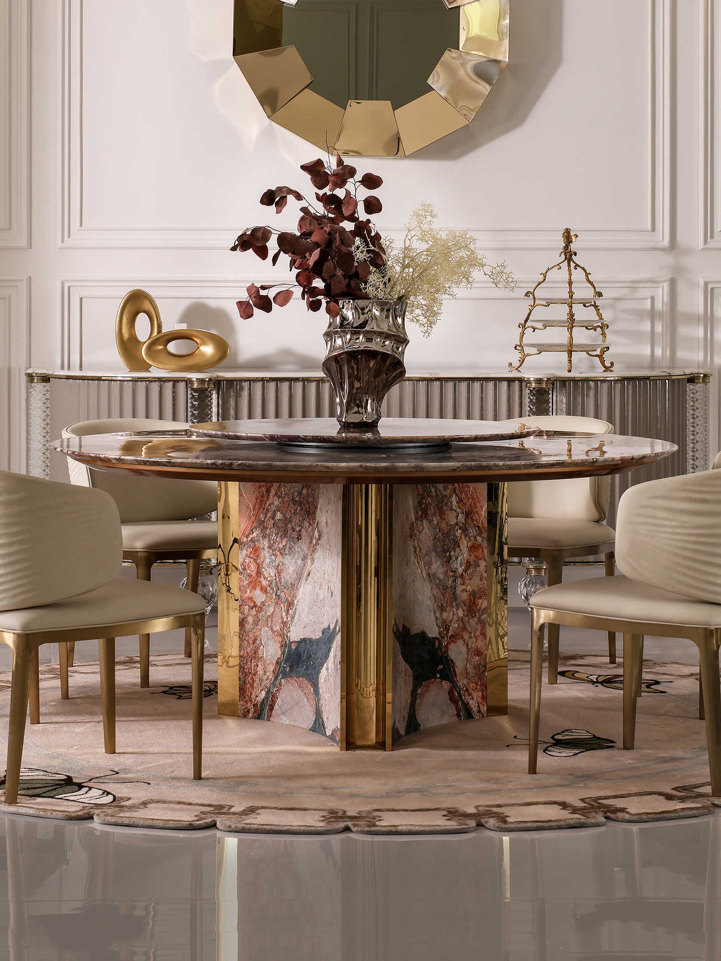 Luxury Round Marble Dining Table, Brazilian Natural Stone with Rotating Lazy Susan, Modern Designer Statement Table
