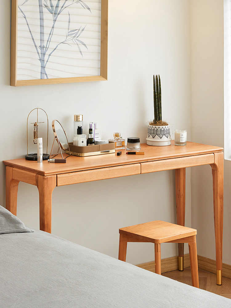 Luxury Solid Cherry Wood Desk, Minimalist Vanity & Writing Table—Dual Drawer, Narrow Computer Table
