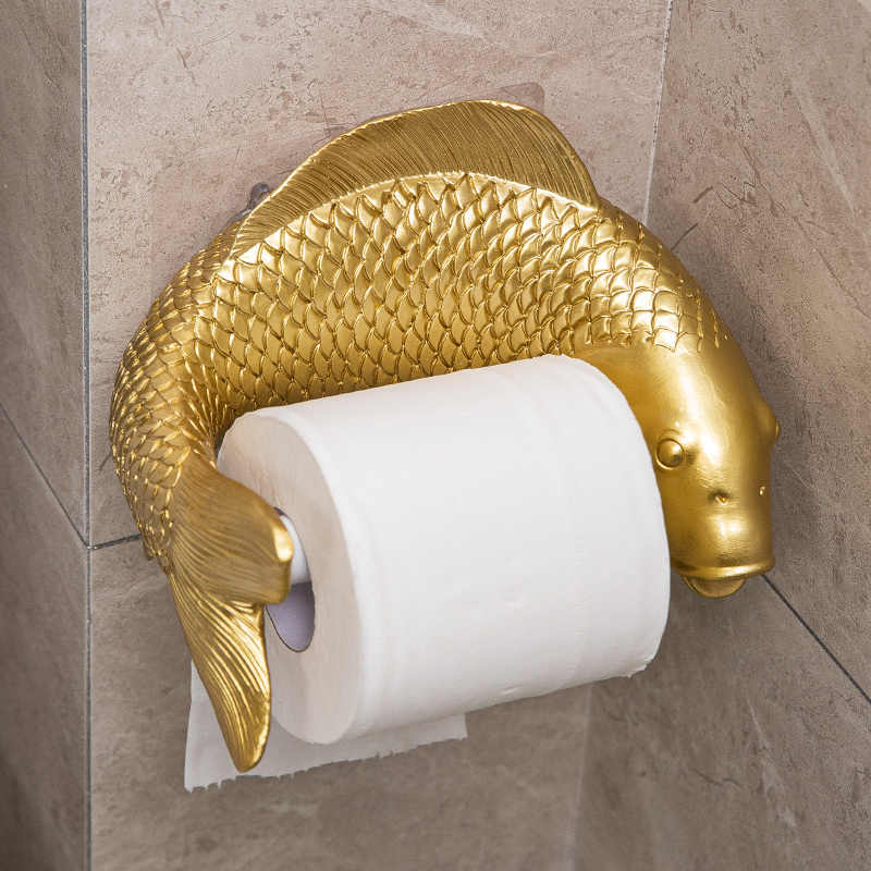 Golden Koi Fish Toilet Paper Holder, Feng Shui Bathroom Wall Mount with Detailed Scale Pattern, No-Drill Installation Creative Fish Design
