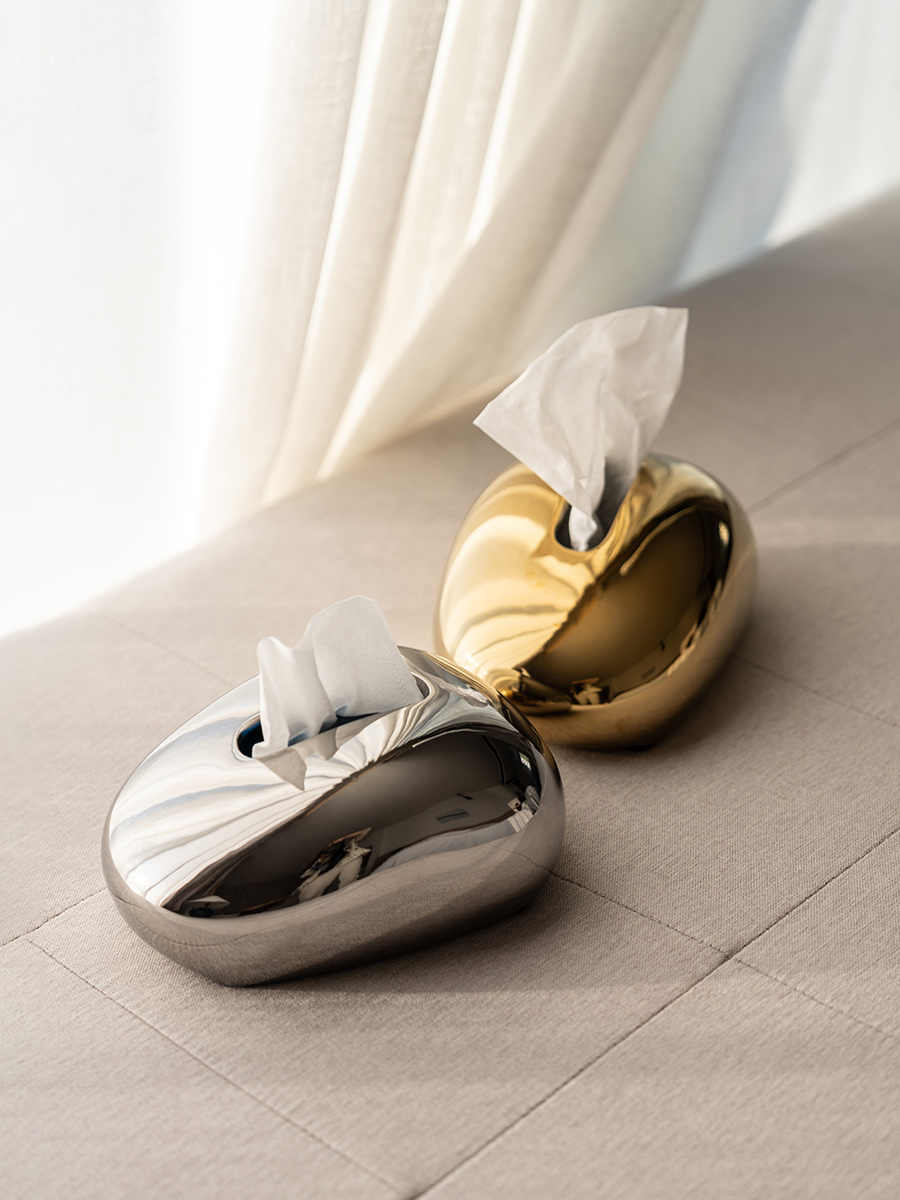 Luxury Pebble Ceramic Tissue Box Set, Gold & Silver High-End Tabletop Decor for Living Room/Bedroom/Villa
