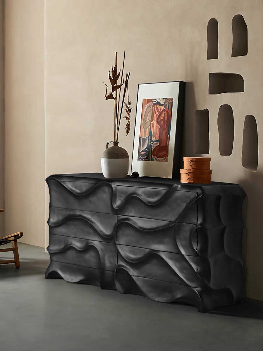 Eastern Wabi-Sabi Sculptural Wave Sideboard – Modern Asian Style Fluid Black Console Cabinet, Luxury Artistic Storage Dresser for Living Room and Entryway
