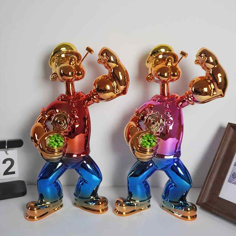 Modern Luxury Popeye Chrome Sculpture, Creative Metallic Art Figurine, Red Small Floor Statue for Home, Office, Mall