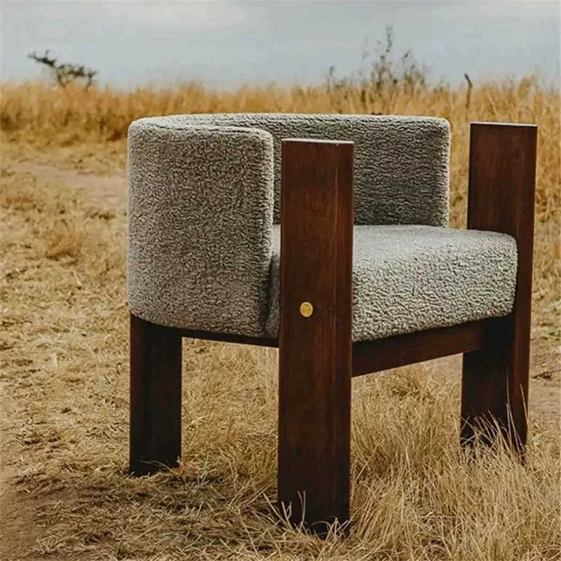 Wabi-Sabi Solid Wood Accent Chair – Mid-Century Modern Bouclé Upholstered Armchair with Walnut Frame, Contemporary Lounge Chair for Dining Room, Office, Café