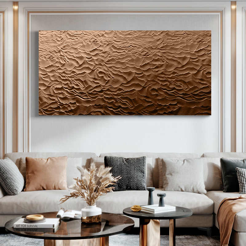 Extra Large Bronze Wave Textured 3D Wood Relief Wall Art Panel, Hand-Painted Sandstone Sculpture with Black Aluminum Frame, Luxury Living Room & Hotel Decor
