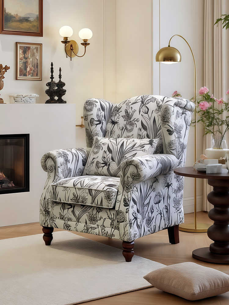 Vintage Floral Tiger Chair – Black and White Retro Lounge Armchair, Single Sofa for Living Room/Garden/Balcony
