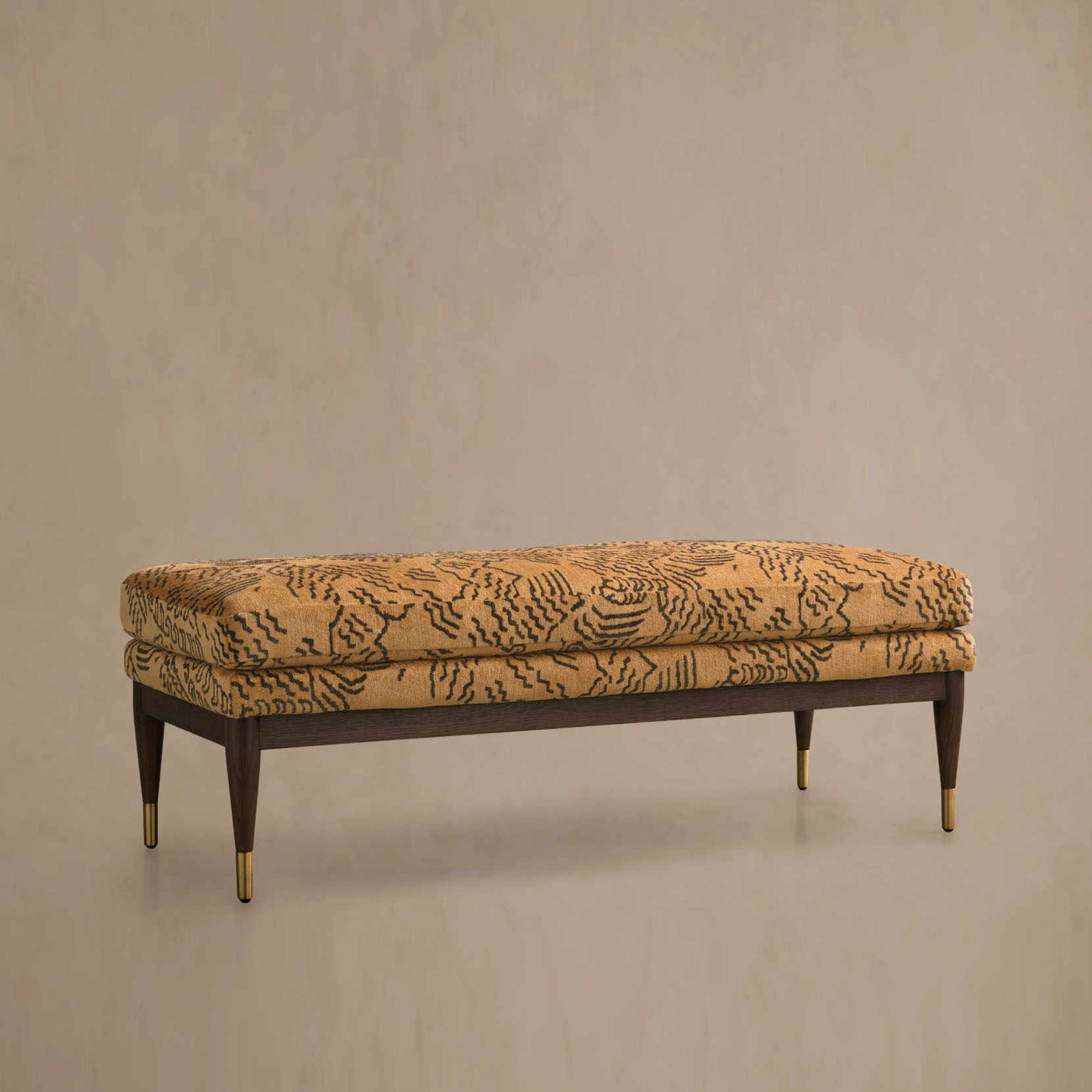 French Vintage Tiger Mountain Pattern Bench, Designer Hotel-Style End-of-Bed Bench with Dark Wood Frame, Mid-Century Long Upholstered Ottoman