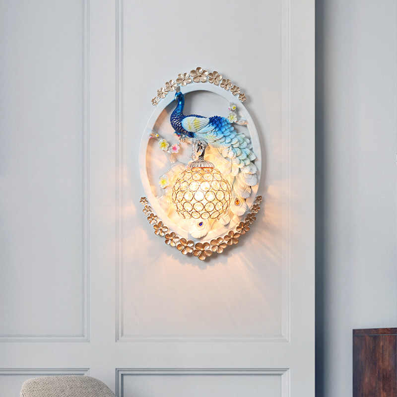 Luxury Peacock Wall Sconce Light – Blue Resin Decorative Wall Lamp for Living Room, Bedroom, Corridor, Staircase, or Foyer – Crystal Shade, Left & Right Set