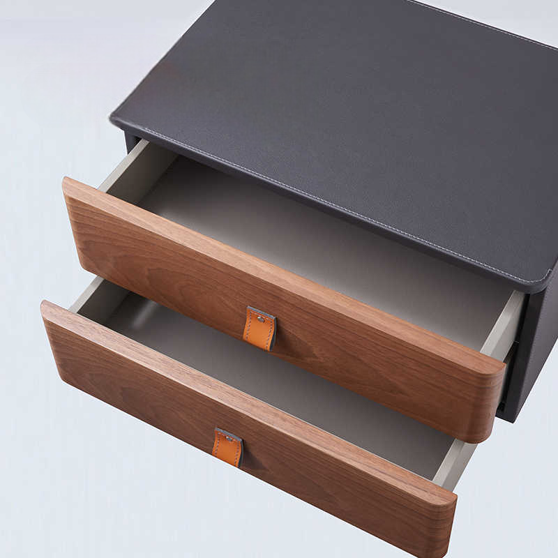 Minimalist Saddle Leather Bedside Cabinet, Luxury Walnut Wood Designer Nightstand, High-End Bedroom Side Table