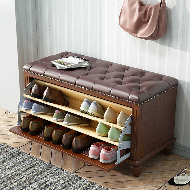 American Solid Wood Shoe Storage Bench with Tufted Leather Seat – Entryway Shoe Cabinet with Cushioned Seating, European Style Foyer Bench