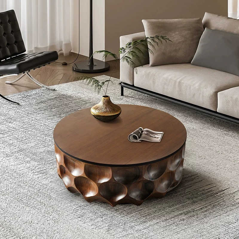 Mid-Century Modern Solid Wood Round Coffee Table – Luxury Minimalist Natural Wood Grain Accent Table for Small Living Rooms, Contemporary Designer Tea Table