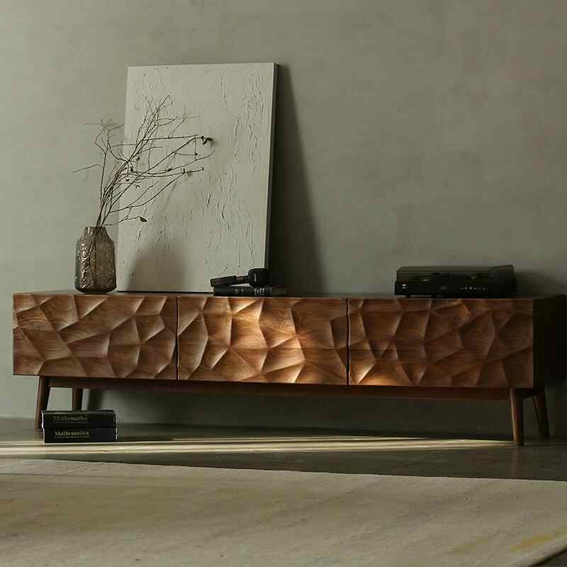 Contemporary Teak Geometric Media Console – Sculptural Faceted TV Stand with Organic Carved Design, Mid-Century Modern Storage Furniture
