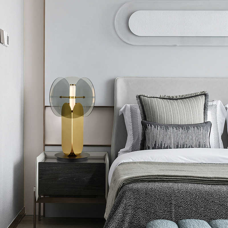 Postmodern Designer Glass & Iron Table Lamp, Smoky Gray Art Bedside/Study/Living Room Decor, LED Button Switch