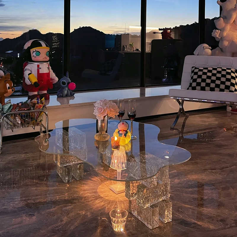 Modern Cloud-Shaped Acrylic & Glass Coffee Table, Artistic Three-Leg Base, Luxury Living Room Center Table