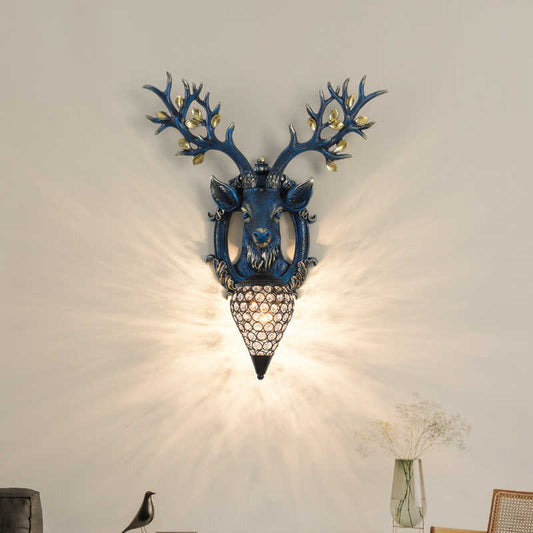 Creative Blue Deer Head Wall Lamp, Artistic Animal Sconce for Living Room, Corridor, Clubhouse