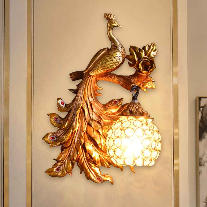 Gold Peacock Wall Sconce Set – Decorative Resin Wall Lamps for Living Room, Bedroom, and Hallway Accent Lighting