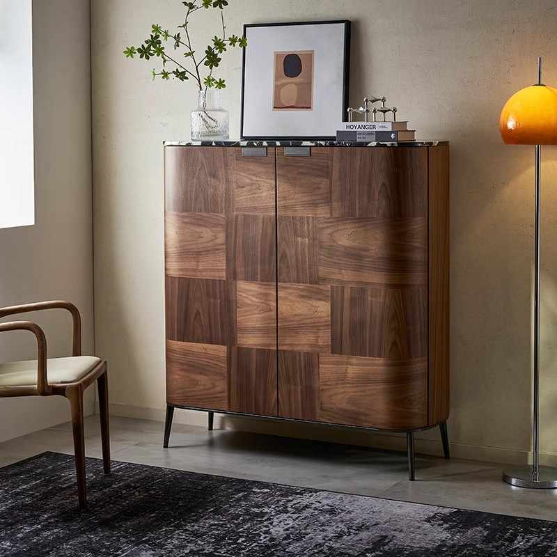 Modern Walnut Wood Parquet Pattern Storage Cabinet, Scandinavian Style Bar Cabinet with Geometric Veneer Design, Contemporary Living Room Sideboard,