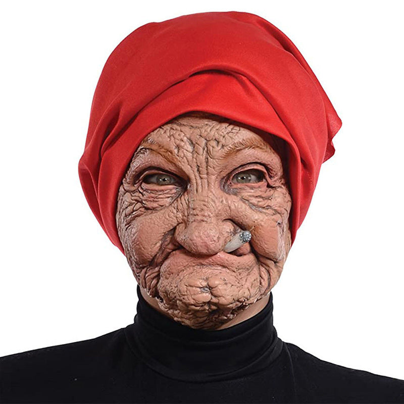 Red Headscarf Old Man Latex Mask – Smoking Grandpa Horror Costume, Halloween Joker Jack Cosplay Prop