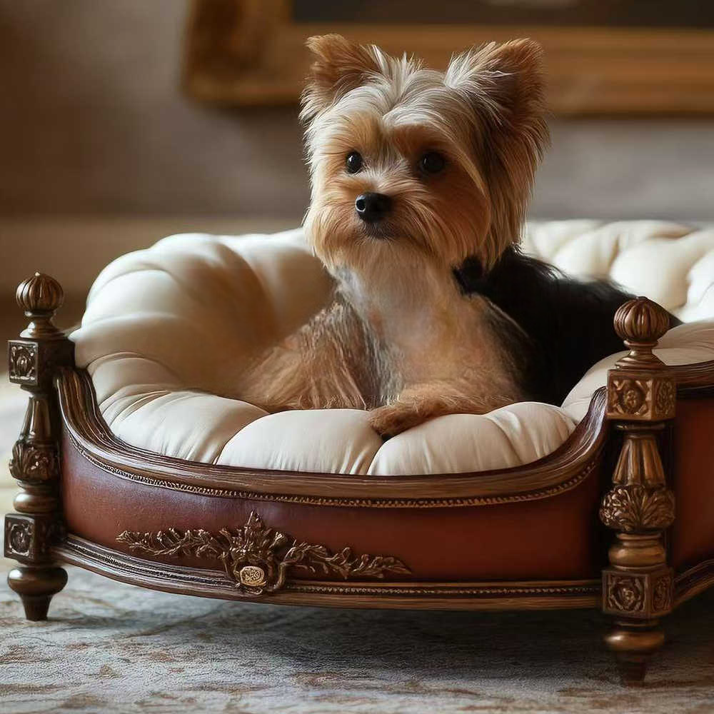 Luxury Solid Wood Pet Sofa Bed – Handcrafted Designer Cat & Dog Chaise Lounge, High-End Ornate Furniture with Plush Cushion