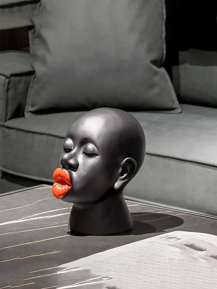 Black Portrait Bust Sculpture with Red Lips – Modern African-Inspired Art Figurine for Living Room & Desktop Display