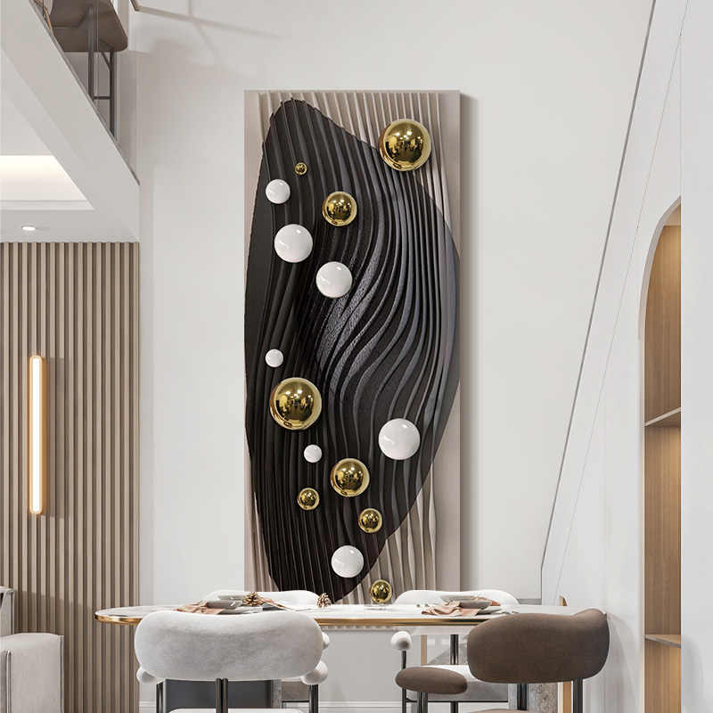Modern Luxury 3D Wall Art with Gold Metal Spheres, Handmade Relief Sandstone Mural for Entryway or Sample Room, Unframed Creative Decor